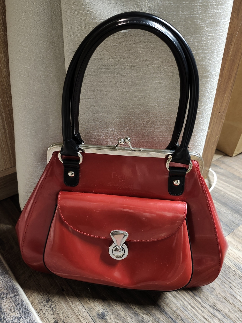 Beijo Red Patent Satchel with Black Handles With Silver tone Clasps